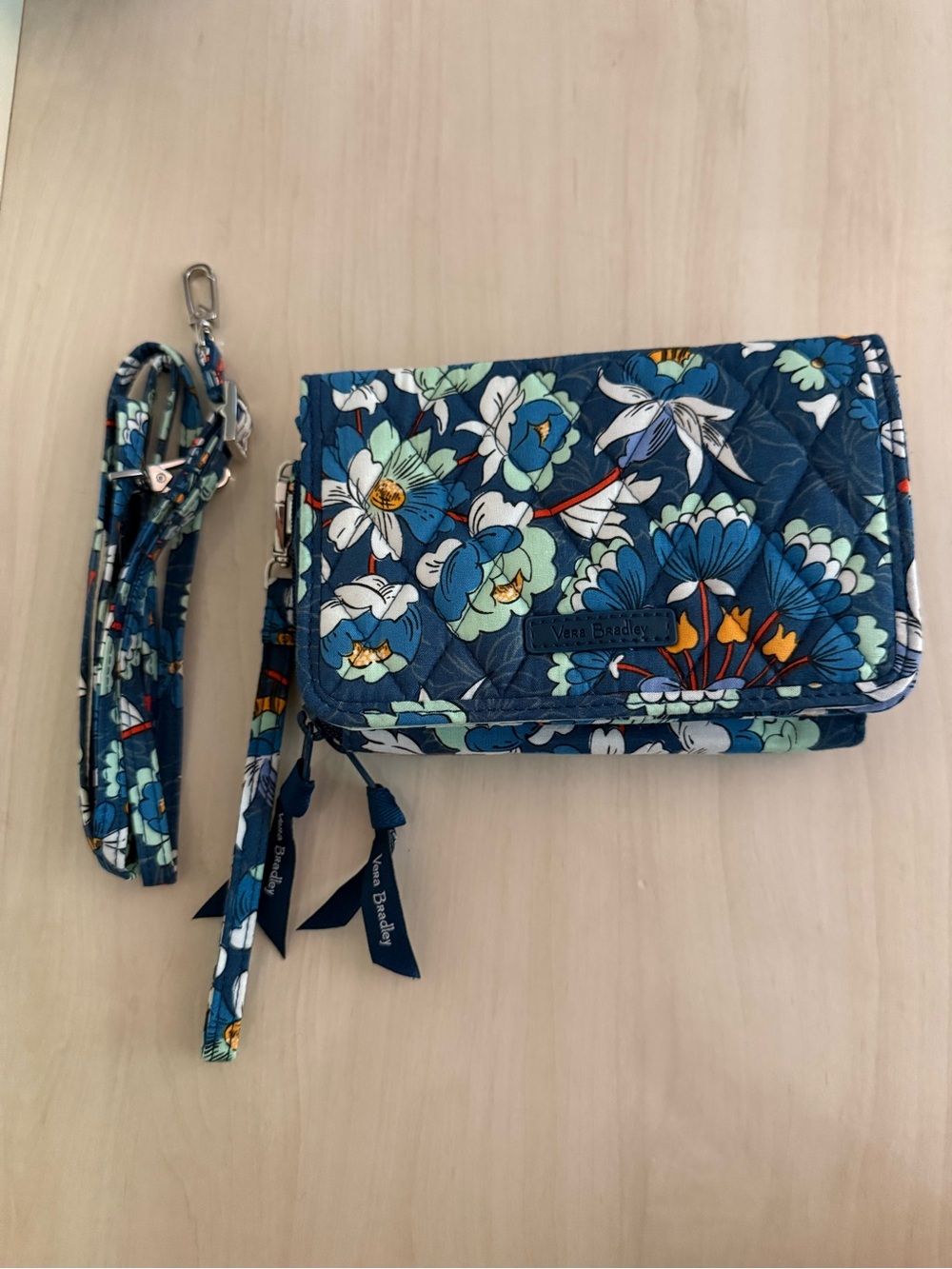 Vera Bradley Navy Floral Quilted Crossbody Wallet with Detachable Strap